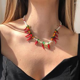 Chains Fashion Lady Red Chilli Pepper Necklaces For Women Bohemian Beads Handmade Pearls Resin Collar Choker Jewellery Gift