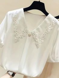 Women's Polos Korean-Style Cute Blouse Summer Spring Fashion Casual Solid Women Cardigan Short Sleeve Lace Collar Elegant Ladies Clothes