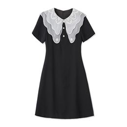 2023 Summer Black Contrast Colour EmbroideryDress Short Sleeve Round Neck Buttons Knee-Length Casual Dresses W3L049712