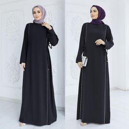 Ethnic Clothing Abaya For Women Muslim Robe Islam Arab Dubai Dress Diamond Spliced Waist Black Ramadan