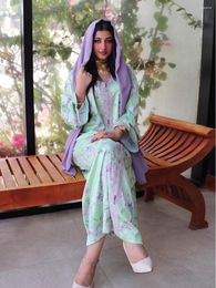 Ethnic Clothing Eid Arabian Dubai Print Abaya Dress Ramadan 2023 Muslim Women Clothes Green Purple Floral V Neck Long Sleeve Moroccan Caftan