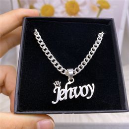 Pendant Necklaces AurolaCo Custom Name Necklace Cuban Chain Custom Stainless Steel Nameplated with Crown Personalised Jewellery for Men Women 230626