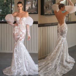 Vestito in pizzo berta sirene abiti a cuore illusione dellusione maniche gonfie spazzano appliques robe de mariee abiti da sposa