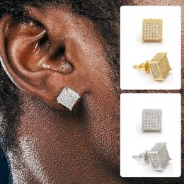 Stud Earrings Punk Hip Hop Threaded Ear Needle Iced Out Zircon For Men Squares Piercing Gold Color Earing Women Rock Jewelry E153