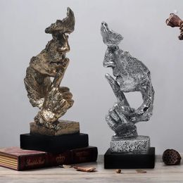 Decorative Objects Figurines Nordic Creative Silence Is Gold Statue Resin Thinker Sculpture Figurine Vintage Home Office Decoration Modern Art Resin Decor 230625