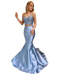 Chic Two Pieces Mermaid Prom Dresses Spaghetti Lace Appliques Fitted Arabic Dubai Graduation Evening Party Gowns Vestidos De Gala