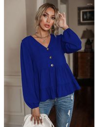 Women's T Shirts SRUBY Women Temperament Commuter Solid Colour Set Head Long-sleeved Slim Type Shirt V Collar A Button Tops Fall