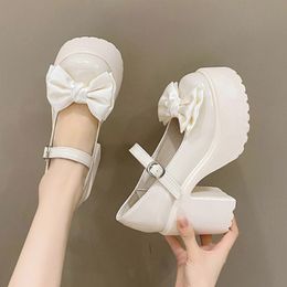 Dress Shoes Sweet Bowtie y Platform Pumps for Women Super High Heels Buckle Strap Mary Janes Woman Thick Heel Goth Lolita Ladies 230625