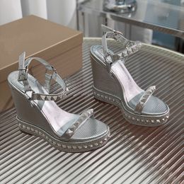 silvery Stud Platform Wedge Sandals women's luxury designers leather Chunky ankle strap heeled Sandal evening Party shoes factory footwear 12cm