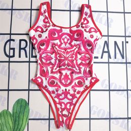 Designer Swimsuit Red Pattern Bikini Womens One Piece Swimwear Vintage Bathing Suit With Bra