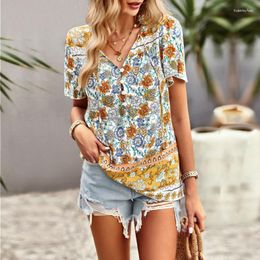 Women's Blouses Bohemian Casual Shirt 2023 Girls' Style Elegant Printed Women's Sexy V-neck Ruffle Sleeve Button Lace Up Women Top