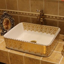 Gold Porcelain Bathroom ceramic counter top sink Rectangular wash basin popular in europe art colorful hand sinkgood qty Qtcro