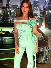 Women's Two Piece Pants Sexy Off Shoulder Green Flower Scarf Tube Top Flare 2 Sets Women 2023 Fashion Party Nightclub Outfit Y2K Streetwear