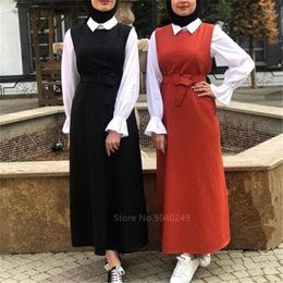 Ethnic Clothing Muslim Traditional Vestido Women Islamic Ladies Dubai Fashion Abaya Kaftan Striped Tank Top Dress Belt Set Female Robe