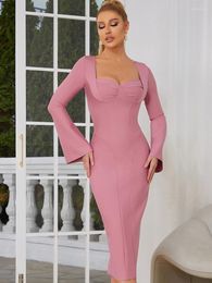 Casual Dresses Sexy V Neck Flare Sleeve Bandage Midi Dress Autumn Elegant Pink Long Bodycon Women Club Party Celebrity