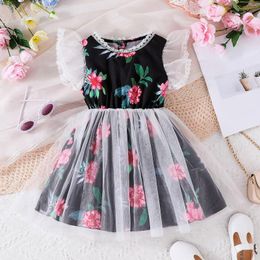 Girl Dresses Kids Girls Flower Print Dress 2023 Summer Children Lace Flying Sleeve Mesh Swing Gown Birthday Party Princess 4-7Y