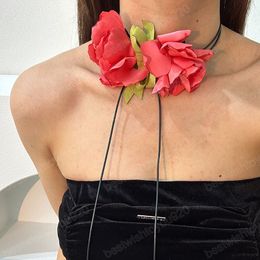 Long Rope Chains with Flower Bowknot Choker Necklace for Women Elegant Lace Up Collar on Neck Accessories Fashion Jewelry Female