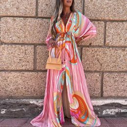 Basic Casual Dresses Bikini Cover-ups Boho Print Long Dress Self Belted Sexy Beach Tunic Summer Women Beach Wear Swim Suit Cover Up 230625