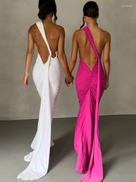 Casual Dresses Oblique Shoulder Backless Maxi Dress For Women Gown Summer Back Strap Sleeveless Ruched Party Sexy Long Vestidos