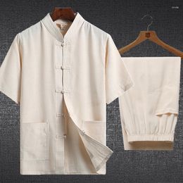 Ethnic Clothing Traditional Suit Plus Size Cotton Linen Men Tang Short-sleeved Trousers Chinese Style Hanfu Tai Chi Uniform