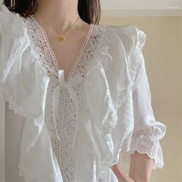 Women's Sleepwear White Summer Lace Nightgown Women V-Neck Short Sleeve Casual Long Crochet Ruffles Korean Night Dress