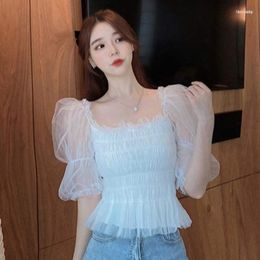 Women's Blouses Women's Lolita Sweet Tops Women White Shirts Square Neck Puff Sleeve Princess Chiffon Mesh Crop Top Summer Blouse Woman