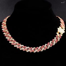 Chains Men Women 14MM Pink Rhinestone Cuban Link Chain Necklace Bling Iced Out Metal Miami Choker Necklaces Hip Hop Jewellery Gift