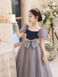 Girl Dresses Girls Tulle Formal Dress Fashion Luxury Bowknot Square Neck Pearl Bubble Sleeves Princess Birthday Graduation Ball Gowns