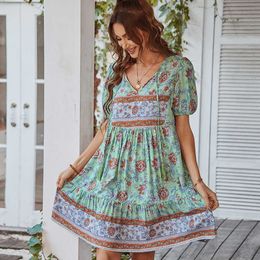 Independently designed Bohemian casual vacation style mini club dress 2022 summer printed small fresh skirt dresses woman