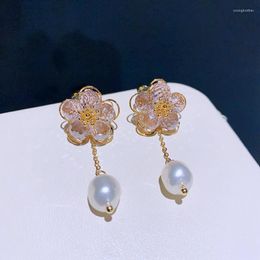 Stud Earrings MIGGA Pink Beaded Crystal Flower For Women Freshwater Pearl Pendant Back Luxury Accessories
