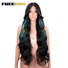 Synthetic Lace Front Wig Long Body Wavy Wig With Bangs Orange Blue Lace Wigs For Black Women Colourful Cosplay Wigs 230524