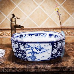 Cloakroom blue and white landscape Counter Top porcelain wash basin bathroom sinks ceramic bathroom bowl Fplma