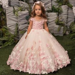 Girl Dresses Upper Lace Applique Pearls Corset Layered Tulle Skirt Is Trimmed With Laces Embroidery Lacing Buttons Wedding Party