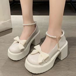 Dress Shoes Fashion Bowtie y Platform Pump Pearl Ankle Strap Mary Jane Woman 2023 Autumn Thick Heeled Party Female 230625