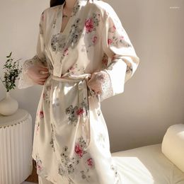 Women's Sleepwear Ladies Pyjamas Set 3Pcs Cardigan Camisole Pants Floral Printed Women Comfort Loose Lace Homewear Femme Ice Silk