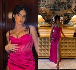 Sexy Fuschia Plus Size Prom Dresses Long For Women Satin High Side Split Spaghetti Straps Draped Birthday Pageant Celebrity Evening Party Gowns Formal Ocns 2024