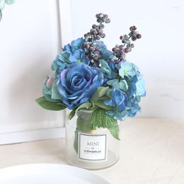 Decorative Flowers Blue Silk Roses Flower Artificial Blueberry Wedding Bouquet Home Party Decoration Fake Christmas