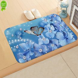 Flannel Blue Butterfly Absorbent Pad Hallway Kitchen Polyester Fibre Durable High Quality Living Bathroom Brand New