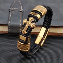 Bangle MingAo Fashion Vacuum Plating Gold Single Layer Cross Leather Bracelet Charm Bracelet Men's Hand Jewelry for Women 230626