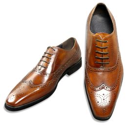 British Style Mens Summer Brogue Leather Shoes Casual Retro Hand-carved Business Dress Pointed Shoes Genuine Leather Best Gift