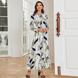 Ethnic Clothing Eid Long Sleeve Muslim Printing Middle East Dubai Dress Casual Loose Waist Arab Jalabiya Party Dresses Ramadan Abayas