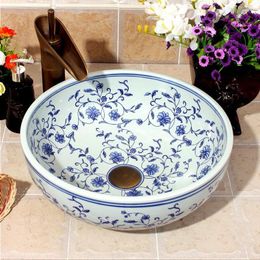 China Painting blue rose Ceramic Painting Art Lavabo Bathroom Blue Vessel Sinks hand painted wash basins Rxeqx