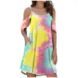 Party Dresses Tie Dye Cold Shoudler Ruffle Sleeves With Pocket For Women Casual Short Sleeved O Neck Tshirt Dress Beach Sundress Robes