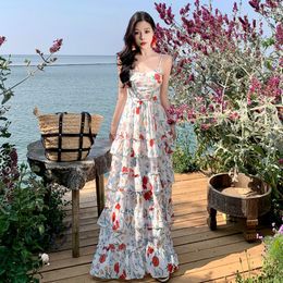 Women's spaghetti strap cake layered ruffles flower print chiffon beach bohemia maxi long dress SMLXL