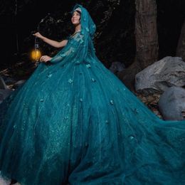 Emerald Green Princess Off The Shoulder Ball Gown Quinceanera Dresses For Girls Beaded With Cape Celebrity Party Gowns 3D Flowers Graduation