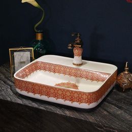 Europe style luxury bathroom vanities chinese Jingdezhen Art Counter Top ceramic type wash basin rectangulargood qty Qfjnd