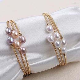 Bangle Freshwater Rice Pearl Bead Wire Wrapped Adjustable Cuff Opening Bracelet For Women