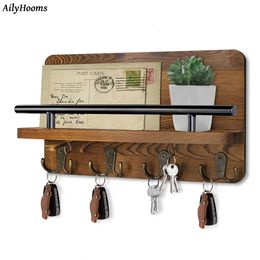 Hooks Rails Key Holder Wall Mounted Mail Hanging Rack with 10 Wooden Decorative Shelf Rustic Home Decor 230625