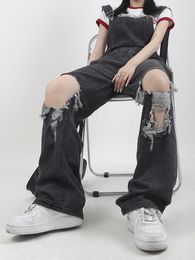 Women's Jeans Holes Knees Ripped High Street Overalls Jumpsuits Tassel Hollow Out For Women Trousers Fashion Cargo Pants