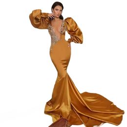 Orange Mermaid Prom Dress Long Sleeves Beads Satin Evening Gowns For Women Party Robe De Femme